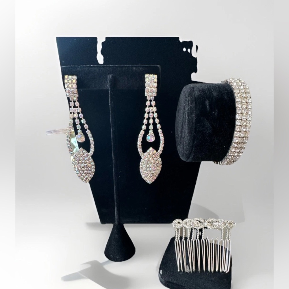 Rhinestone Jewelry Set, Bridal/Special Occasion - Earrings, Bracelet & Hair Clip
